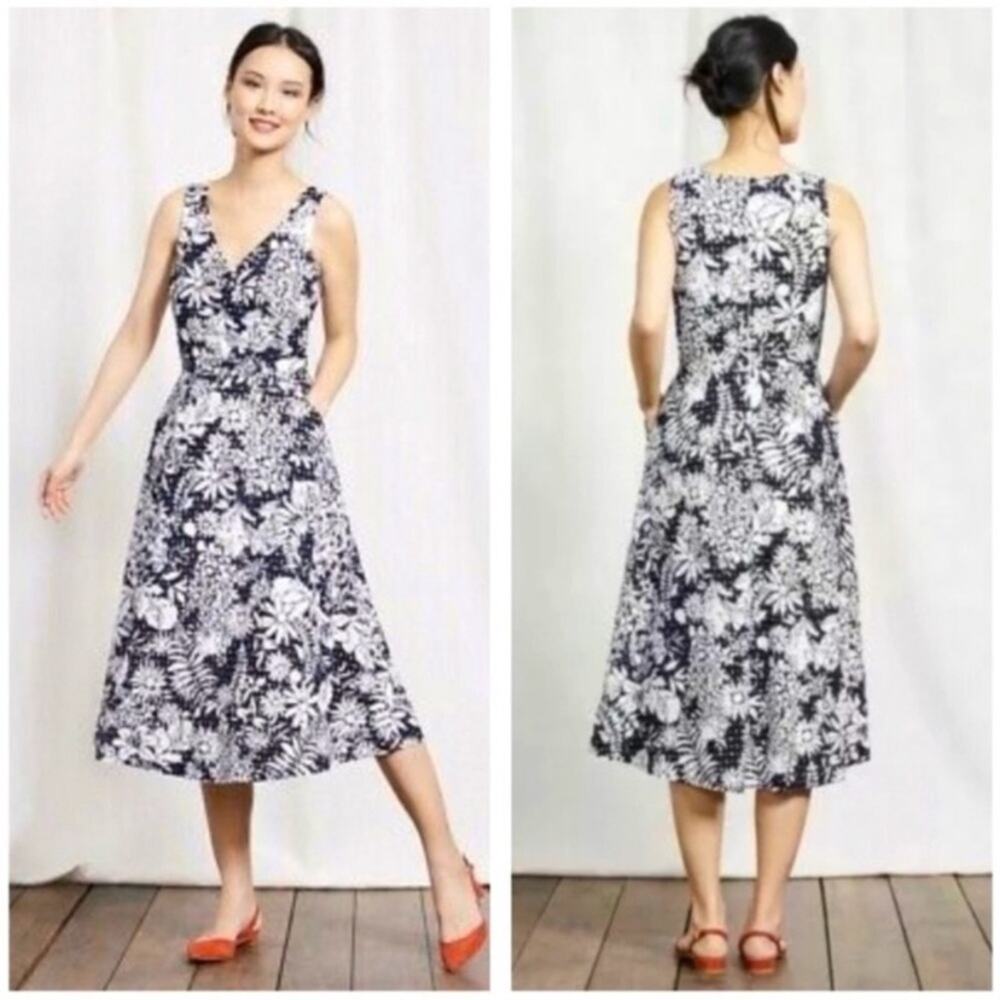 Boden Vanda Broderie White Navy Blue Eyelet Dress size 10 With Pockets